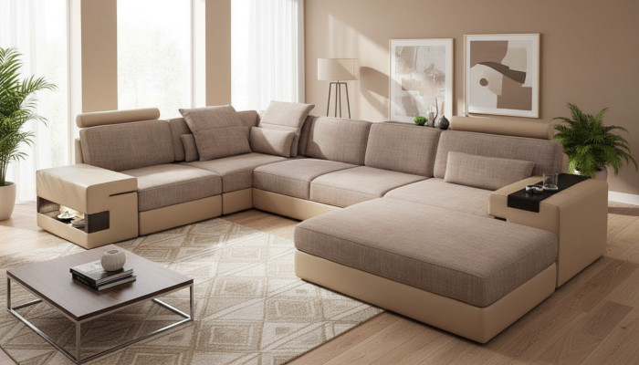 Sofas Ecksofa Leder Wohnzimmer Holz Bereich Hocker moderne L Form NEU Set