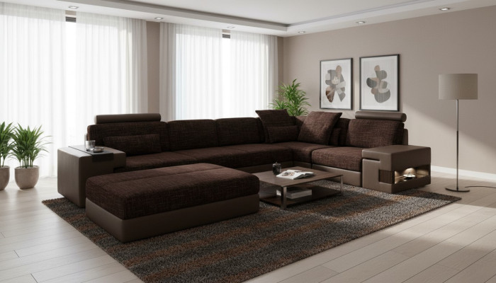 Moderne Designer Ecksofa L-Form Möbel Polster Textil mit Hocker 2tlg Set Neu