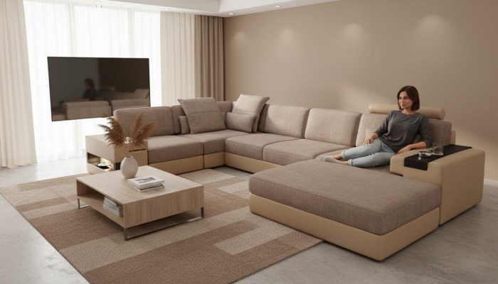 Moderne Sofa Ecke Set L-Form gepolsterte Sitze Couch Wohnlandschaft Hocker Möbel
