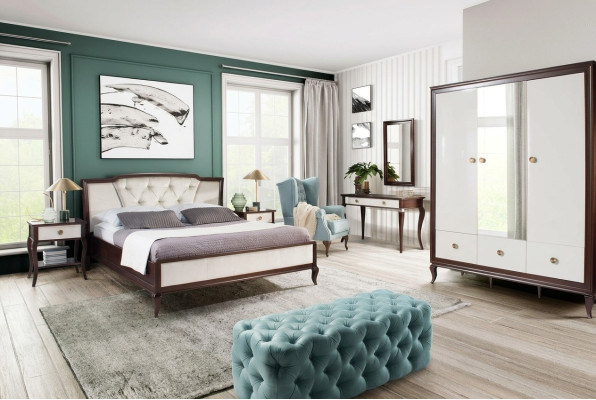 Komplettes Schlafzimmer Set 4 tlg Design Bett + 2x Nachttisch + Kleiderschrank