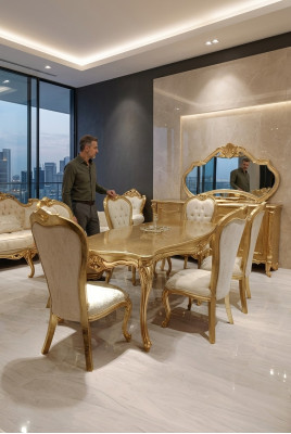 Klassisch Esstisch + 6x Stühle + Anrichte mit Spiegel Gold Holz Kommode Neu