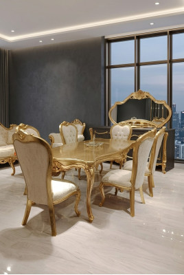 Klassisch Esstisch + 6x Stühle + Anrichte mit Spiegel Gold Holz Kommode Neu