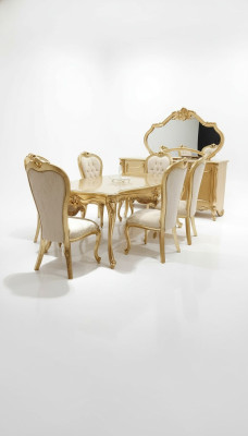 Klassisch Esstisch + 6x Stühle + Anrichte mit Spiegel Gold Holz Kommode Neu