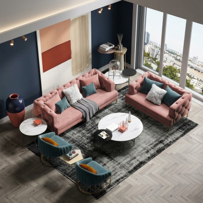 Tříkřeselná relaxační designová pohovka s loungovým textilním potahem.