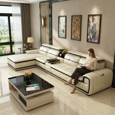 Luxusní kožená sedací souprava rohová sedací souprava L tvaru, moderní relaxační sedadlo, nábytek, obývací krajina.