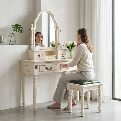 Set Schminktisch Kosmetiktisch Frisiertisch mit Spiegel und Hocker Holz 2tlg.