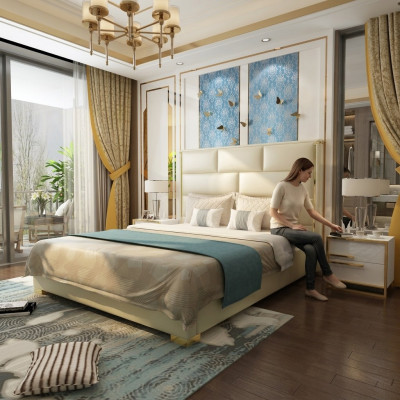 Designer Doppelbett Bett Schlafzimmer Betten Leder Hotel Luxus Polster