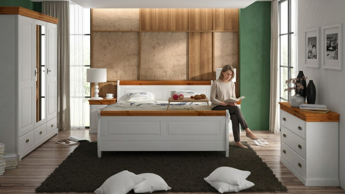 Landhaus Bett Kleiderschrank Nachttisch Schlafzimmer Komplett Holz Set 5tlg Neu