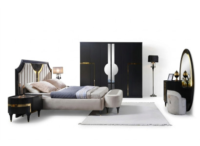 Schlafzimmer Bett Nachttisch Kleiderschrank Kommode Spiegel Hocker Schwarz 7tlg