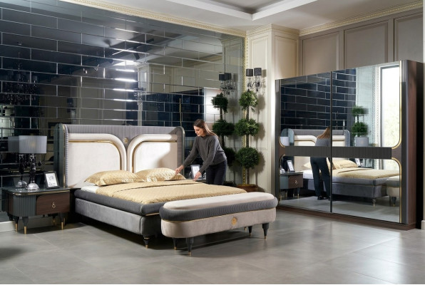 Garnitur Ložnice Postel Noční stolek Šatní skříň Taburet Luxus Design 5 kusů