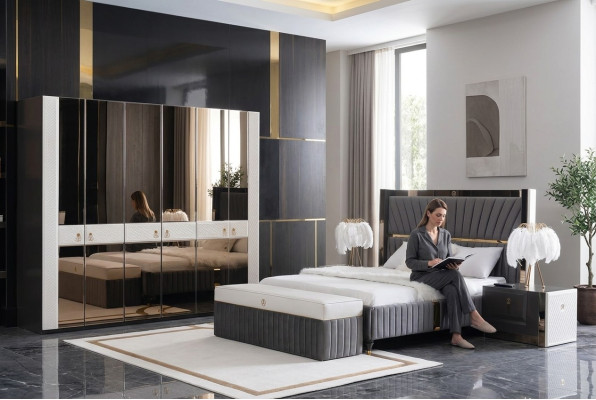 Ložnice Kompletní sada Postel Nocní stolek Nohátka 5dílná Design dřevo Nábytek Sady Nový