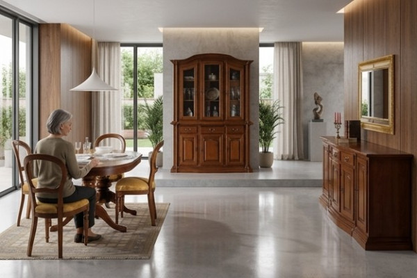 Design jídelního setu, sady 7 kusů nábytku z dřeva, komoda, 4x židle, stůl, vitrína, nové.