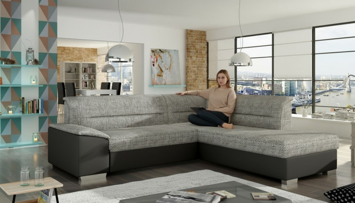Tkaninová rohová sedací souprava L-formátu, pohovka, design, čalounění, moderní, textil, sedací polštáře, skupina.
