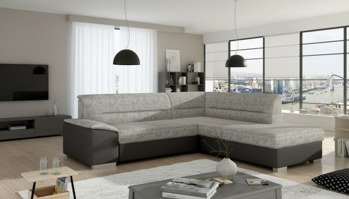 Tkaninová rohová sedací souprava L-formátu, pohovka, design, čalounění, moderní, textil, sedací polštáře, skupina.