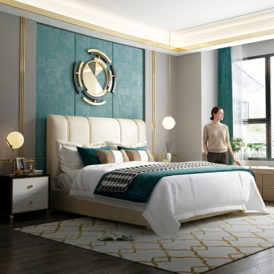 Luxusní postel ložnice Italská kůže Dvojlůžko Kovový design