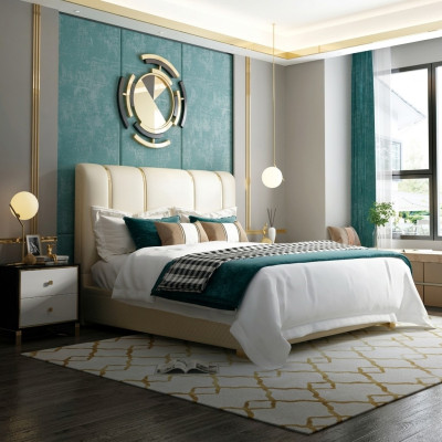 Luxusní postel ložnice Italská kůže Dvojlůžko Kovový design