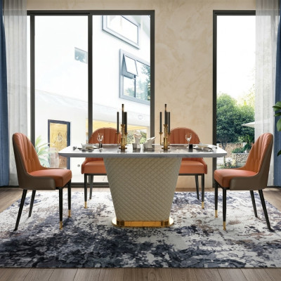 Luxus Designer Esszimmer mit Runden Esstisch & 4 x Lehn Stühle Metall