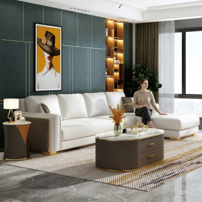 Italienische Stil Möbel 3tlg Set Ecksofa + Couchtische Sofa Tische Leder
