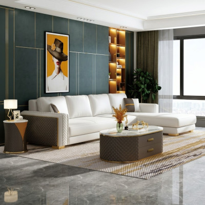 Italienische Stil Möbel 3tlg Set Ecksofa + Couchtische Sofa Tische Leder