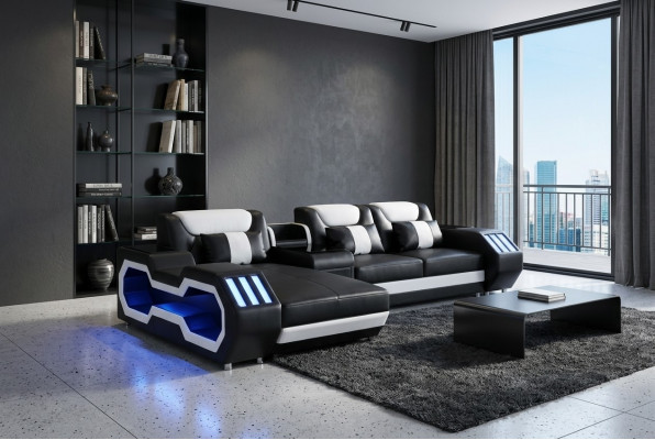 Sofa LED Beleuchtete Ecksofa Wohnzimmer Leder Couch Sitz Polster