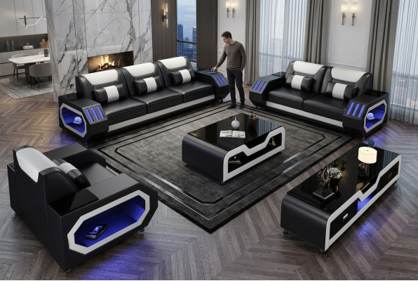 Ledersofa Couch Sofa Garnitur 3+2+1 - Beleuchtete Designer Couchen Neu