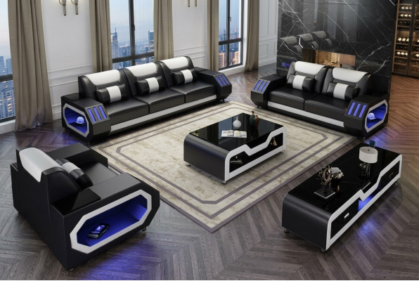 Ledersofa Couch Sofa Garnitur 3+2+1 - Beleuchtete Designer Couchen Neu