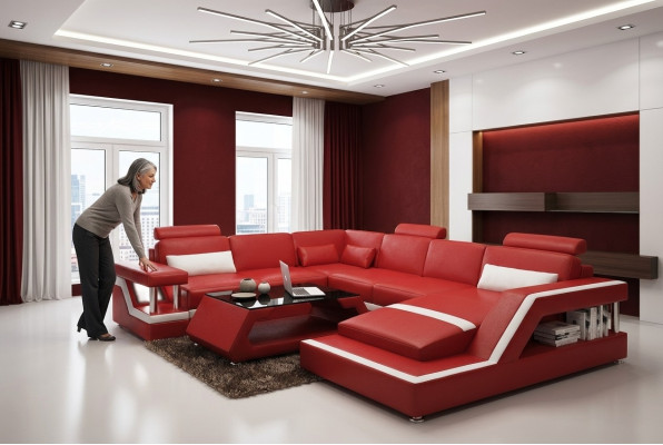 Rote Ecksofa Ledersofa Big XXL U Form Wohnlandschaft Sofa Couch