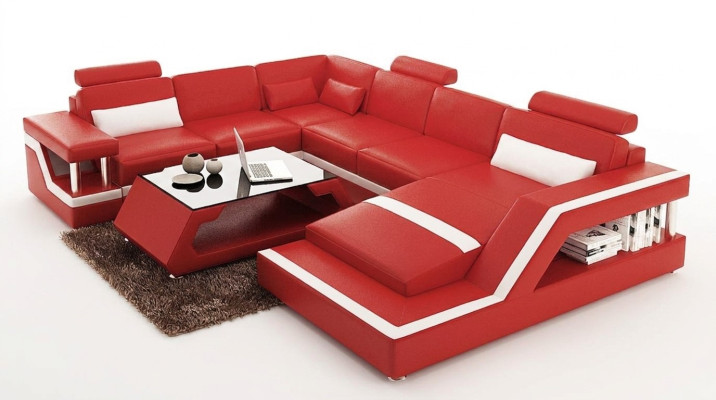 Rote Ecksofa Ledersofa Big XXL U Form Wohnlandschaft Sofa Couch