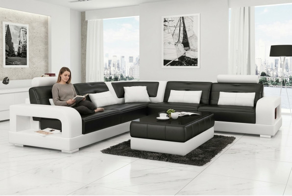 Kozní sedací souprava L-článková + stolková sestava designu sedacího koutového nábytku.