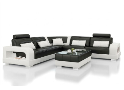 Kozní sedací souprava L-článková + stolková sestava designu sedacího koutového nábytku.