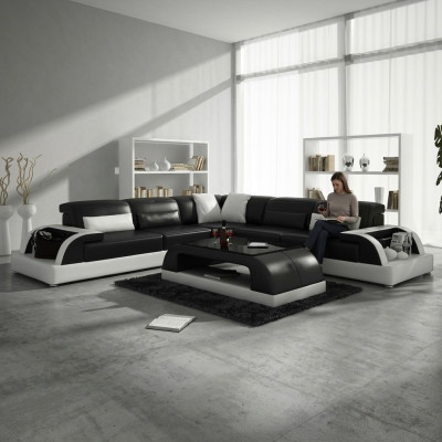 Ecksofa L-Form + Couchtisch Sofa Couch Design Grau Polster Leder