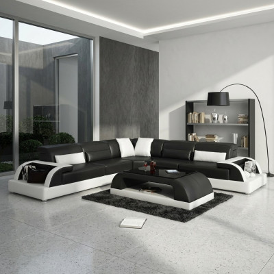 Ecksofa L-Form + Couchtisch Sofa Couch Design Grau Polster Leder