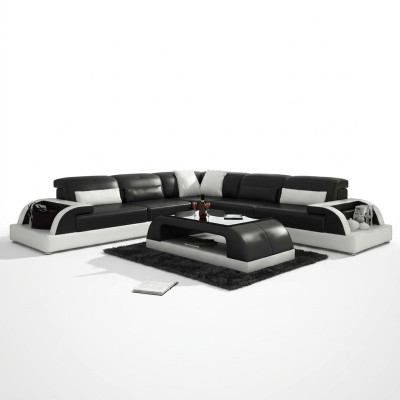 Ecksofa L-Form + Couchtisch Sofa Couch Design Grau Polster Leder