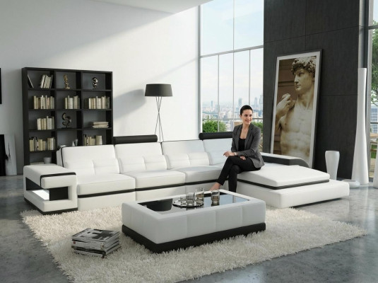 Ecksofa L-Form Sofa Couch Design Grau Polster Leder Modern Beleuchtete