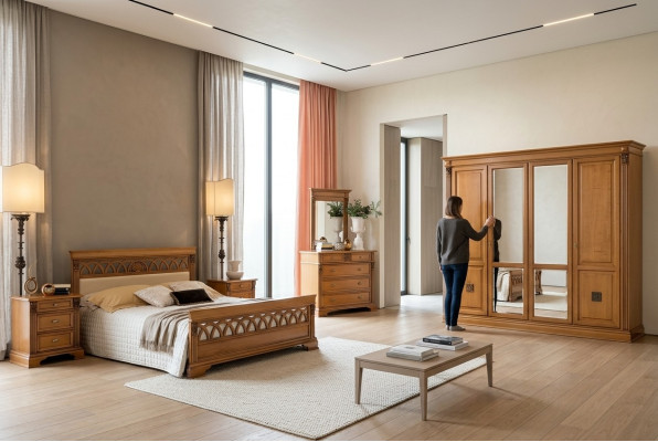 Schlafzimmer Set Komplett Kommode Bett Kleiderschrank Betten Nachtkonsole 6tlg. Massivholz