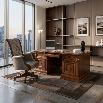 Büroeinrichtung Arbeitszimmer Sessel Büro Möbel Chef Sessel Barock Rokoko 3tlg. Massivholz