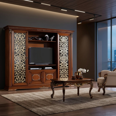 Designer Wohnzimmer TV Anbauwand Medienwand Fernsehwand Fernsehschrank Wohnwand Massivholz