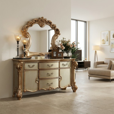 Buffet Anrichte Kommode Spiegel Echte Handarbeit Holz Klassisch Barock Rokoko