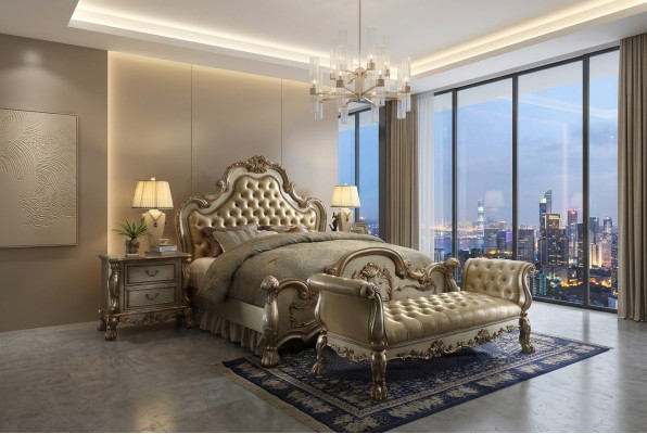 Postel 2x noční stolek 3 ks. ložnice set Luxus postele Chesterfield kůže