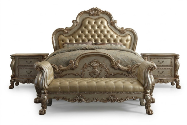 Postel 2x noční stolek 3 ks. ložnice set Luxus postele Chesterfield kůže