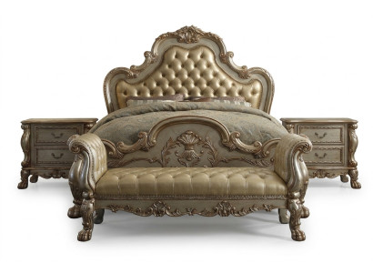 Postel 2x noční stolek 3 ks. ložnice set Luxus postele Chesterfield kůže
