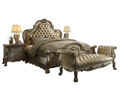 Chesterfield Leder Luxus Betten Bett 2x Nachttische Hocker Doppelbett