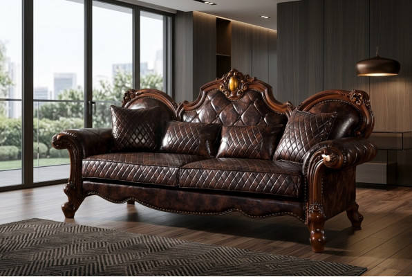 Geschnitzte Barock Wohnzimmer Möbel Sofa Leder Couch Dreisitzer Sitz