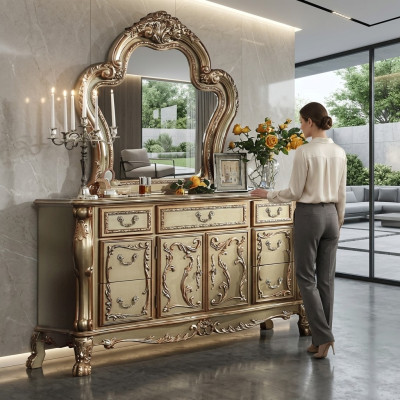Edle Kommode Buffet Kommoden Schrank + Spiegel Barock Rokoko Anrichte Holz neu
