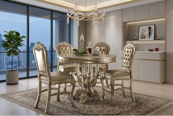 Klassischer Goldener Rund Esstisch Tisch Esszimmer Chesterfield x4 Stühle 5tlg. Garnitur