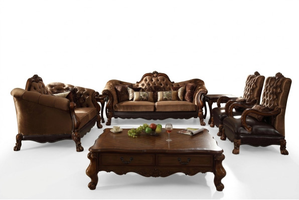 Kompletní set sedací soupravy 3 2 1 1 křeslo + rozkládací stůl v barokním stylu z dřeva.