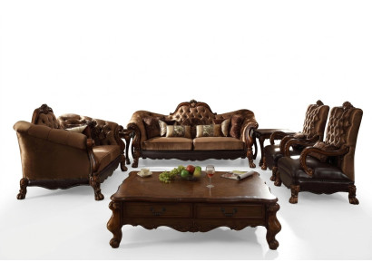 Kompletní set sedací soupravy 3 2 1 1 křeslo + rozkládací stůl v barokním stylu z dřeva.