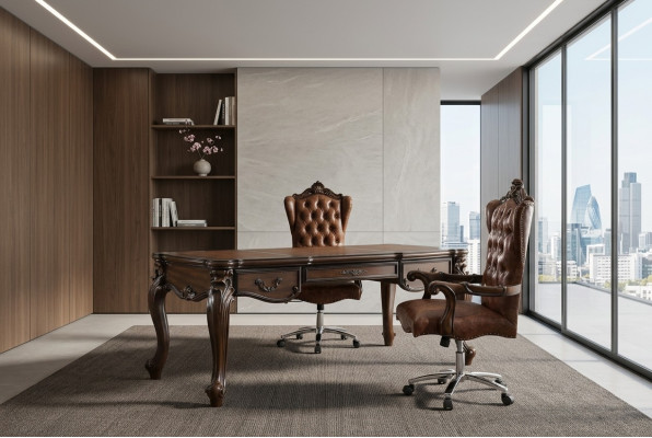 Chefsessel Sessel Klassischer Stuhl Büro Drehstuhl Leder Holz Barock