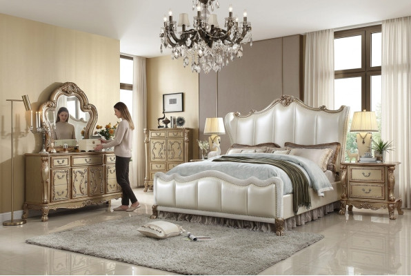 Königliches Schlafzimmer Set Bett + 2 Nachttische Leder Betten Doppel Hotel neu