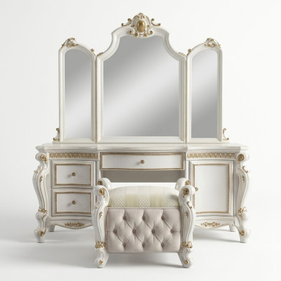 Geschnitzte Barock Möbel Schminktisch Hocker Deko Spiegel Schlafzimmer